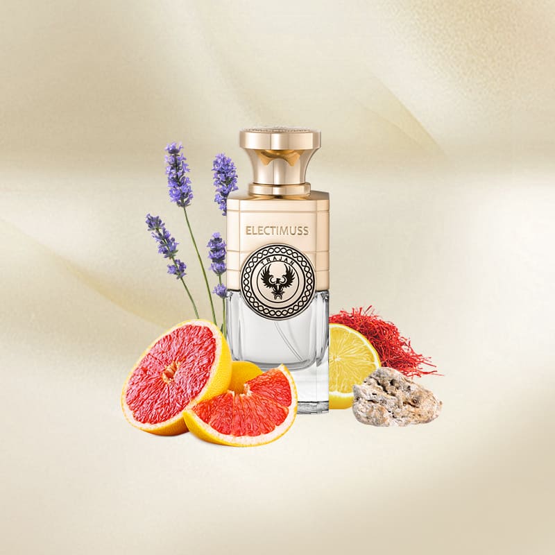 Electimuss Trajan perfume 100ml bottle with grapefruit, lavender, and natural ingredients on beige background