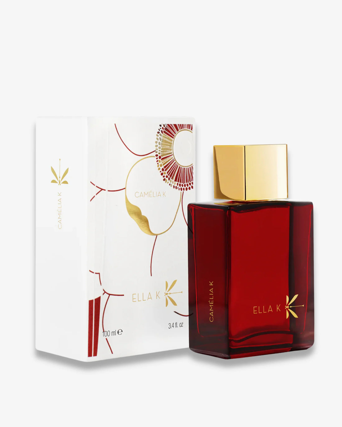 ELLA K Camelia K Eau de Parfum 100ml in red glass bottle with gold cap and decorative white box