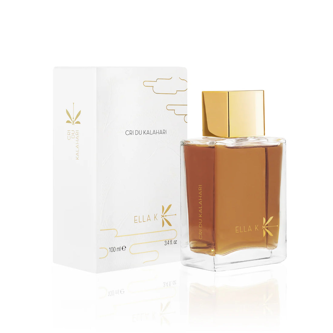 ELLA K Cri du Kalahari perfume bottle with gold cap and white packaging box 100 ml