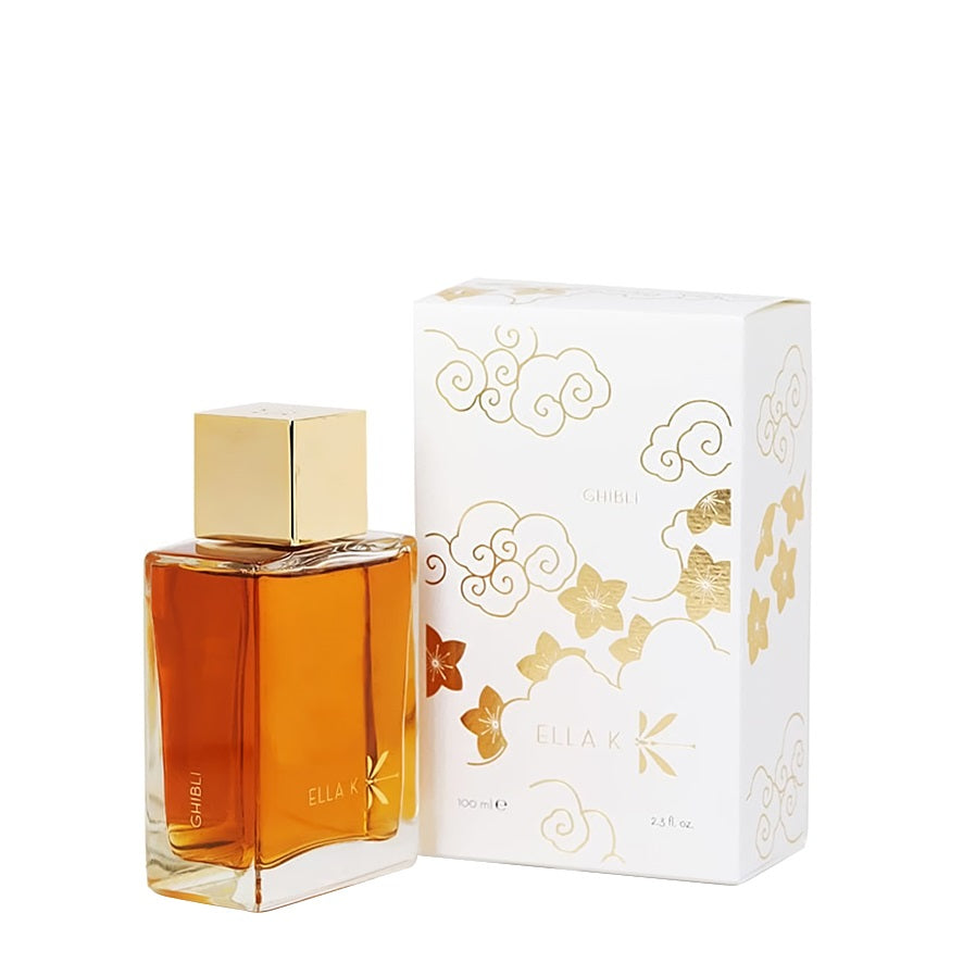 ELLA K Ghibli Eau de Parfum 100ml bottle with elegant gold cap and floral white gold packaging