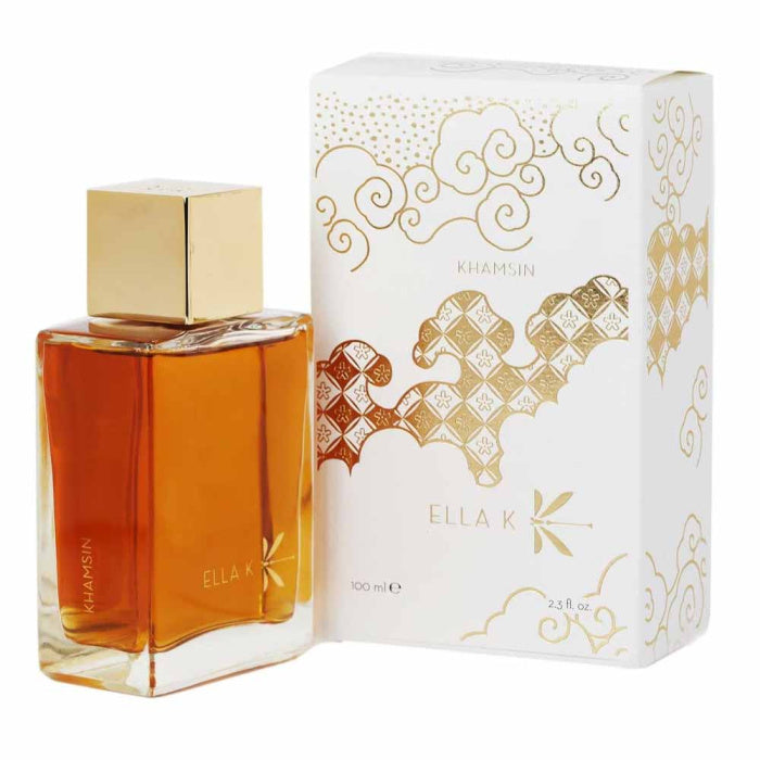 KHAMSIN niche perfume by ELLA K in amber glass bottle with gold cap and decorative white gold box
