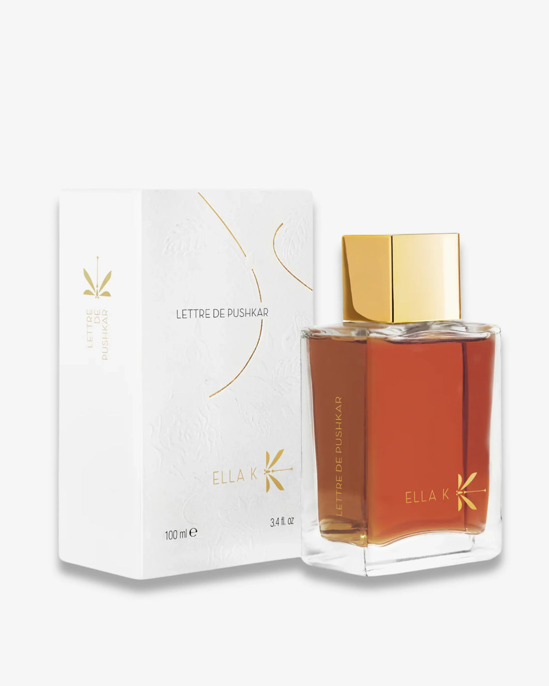 ELLA K Lettre de Pushkar perfume bottle with golden cap and white packaging box