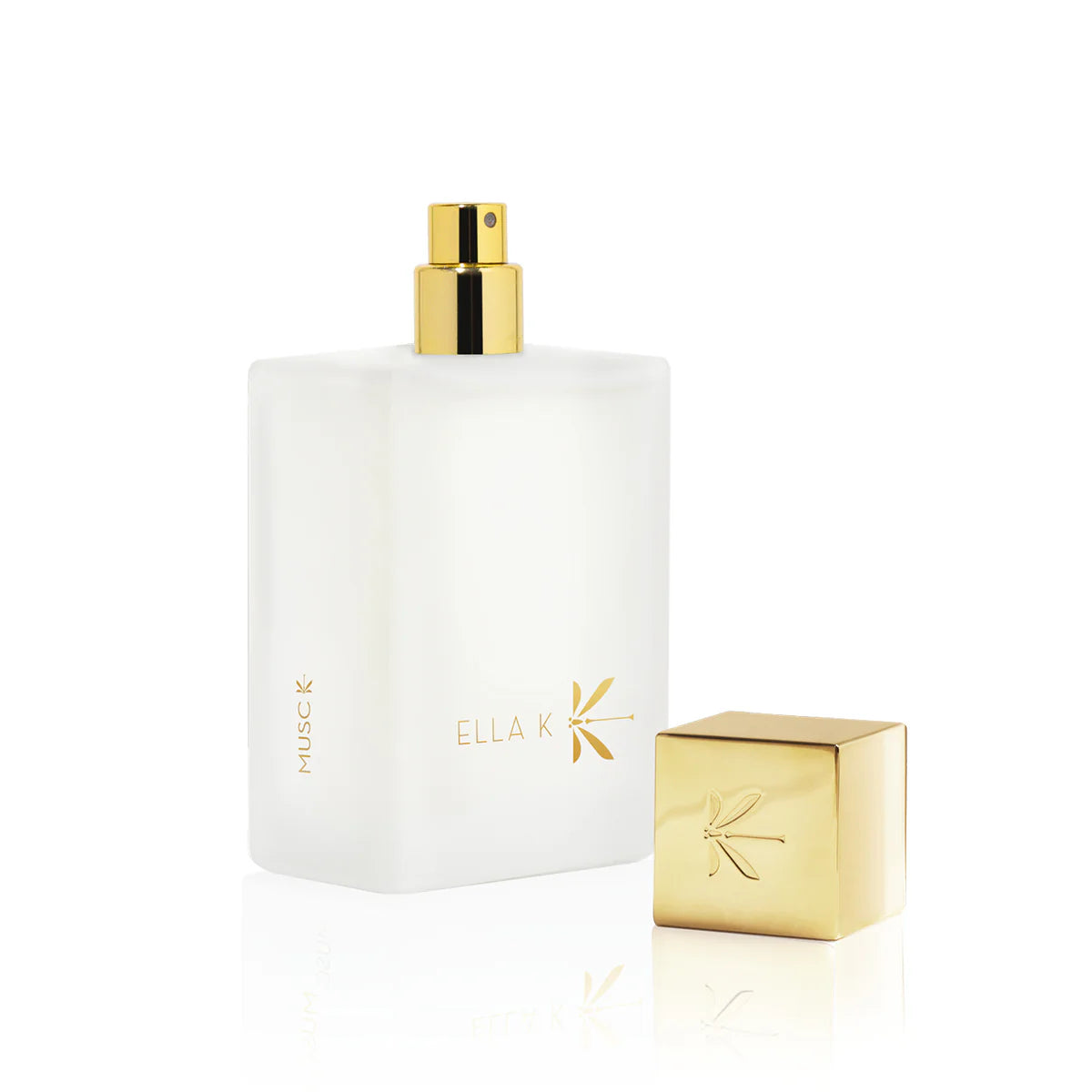 Ella K Musc Eau de Parfum 100ml in a sleek white bottle with a gold cap and logo