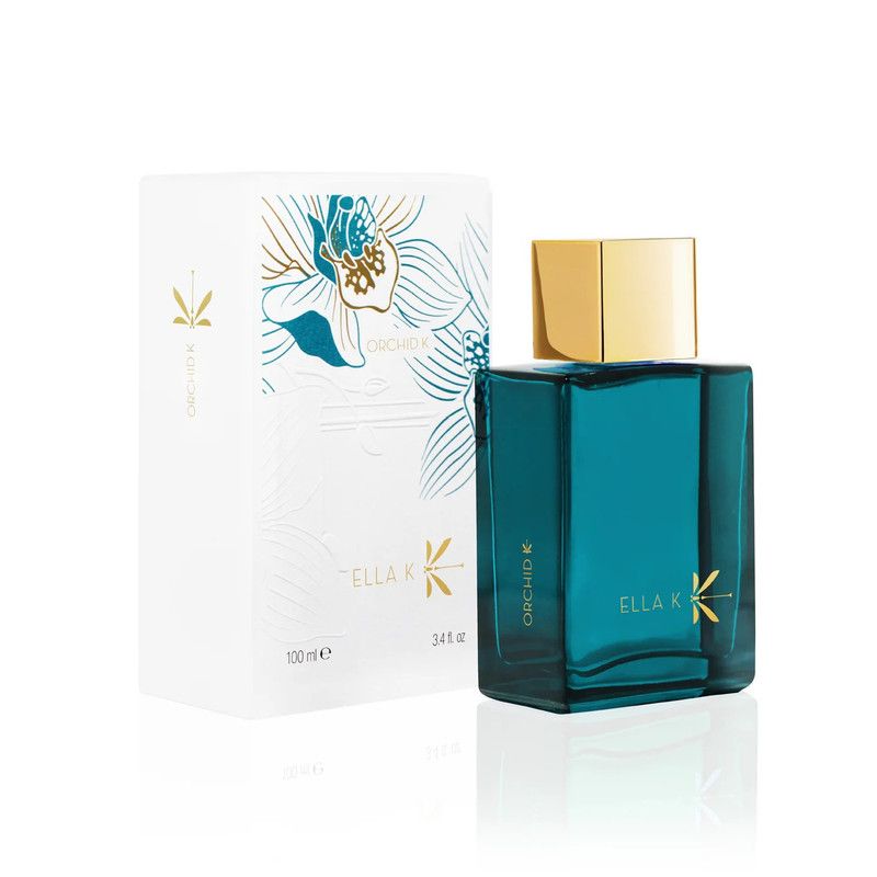 ELLA K orchid perfume 100ml in a teal rectangular bottle with gold cap and white floral packaging