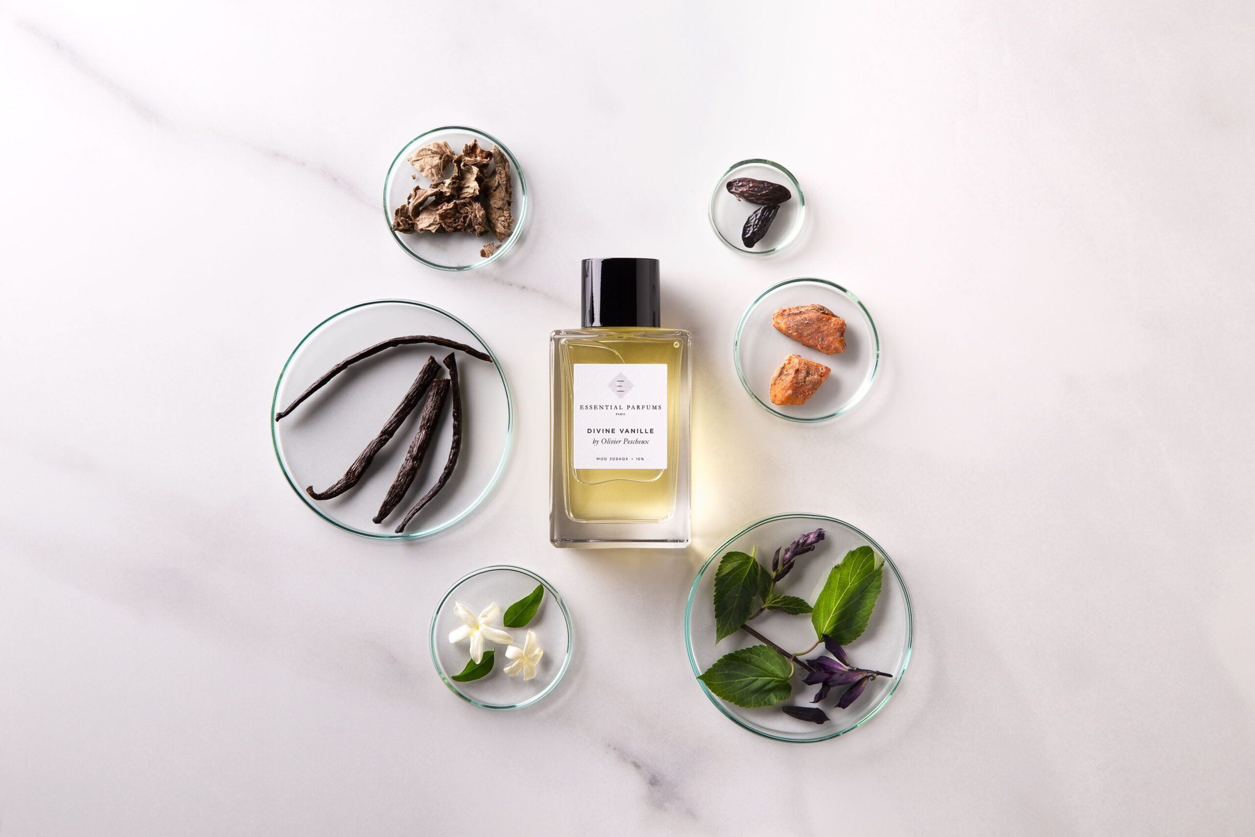 Essential Parfums Divine Vanille eau de parfum bottle surrounded by vanilla pods and natural fragrance ingredients
