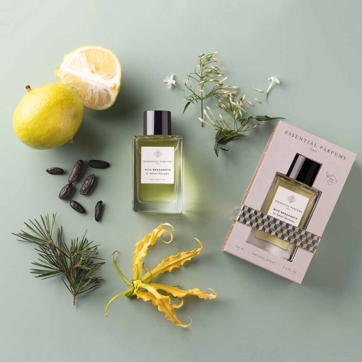 Essential Parfums Nice Bergamote perfume bottle and box with citrus fruits and floral elements