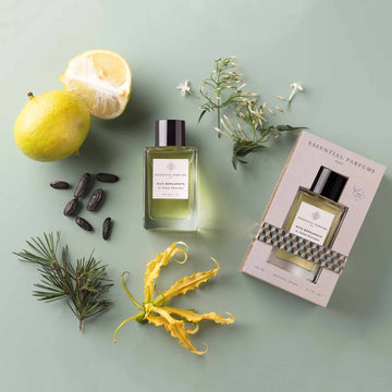 Essential Parfums Nice Bergamote perfume bottle and box with citrus fruits and floral elements