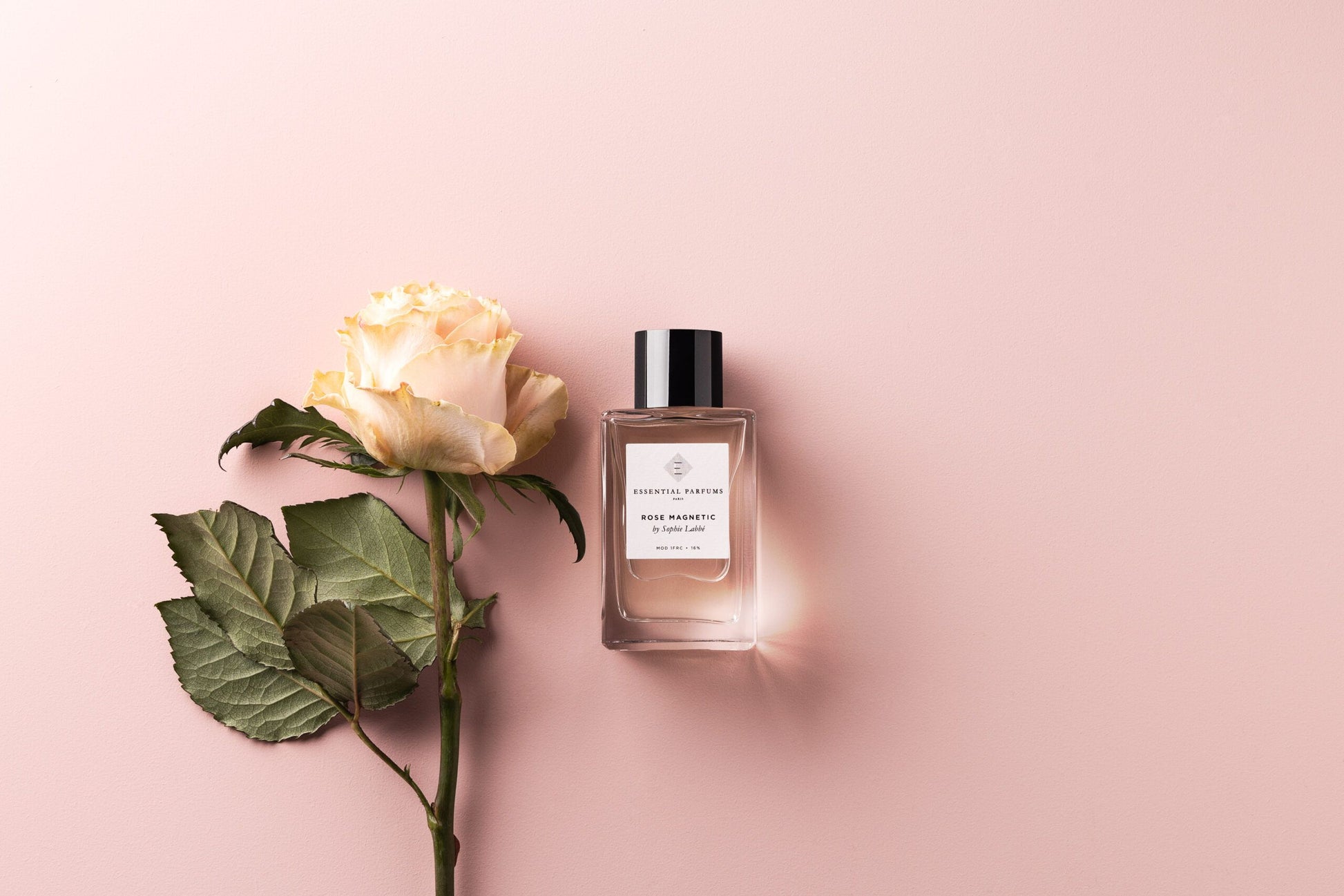 Essential Parfums Rose Magnetic perfume bottle next to a pale yellow rose on a pink background