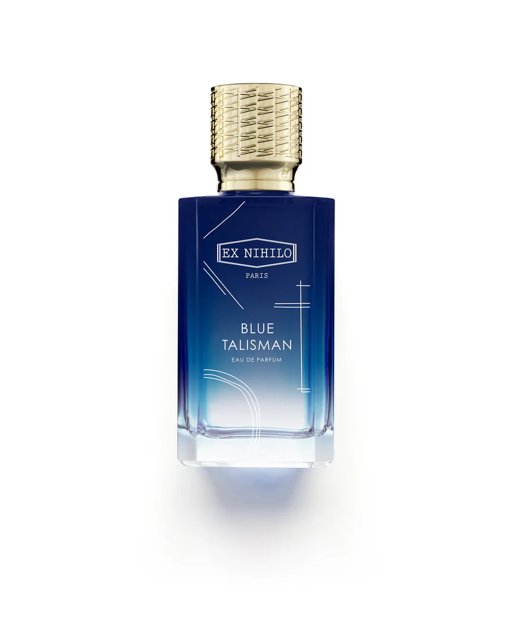 Ex Nihilo Blue Talisman Eau de Parfum in a sleek blue bottle with a textured gold cap