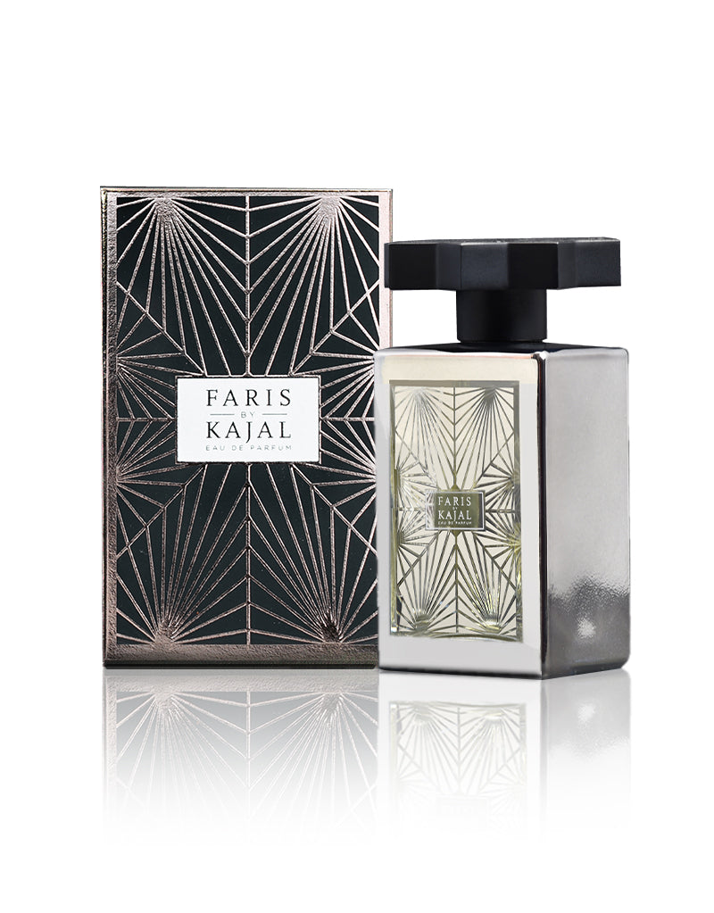 Faris by Kajal perfume bottle with geometric patterned label and decorative black cap on side
