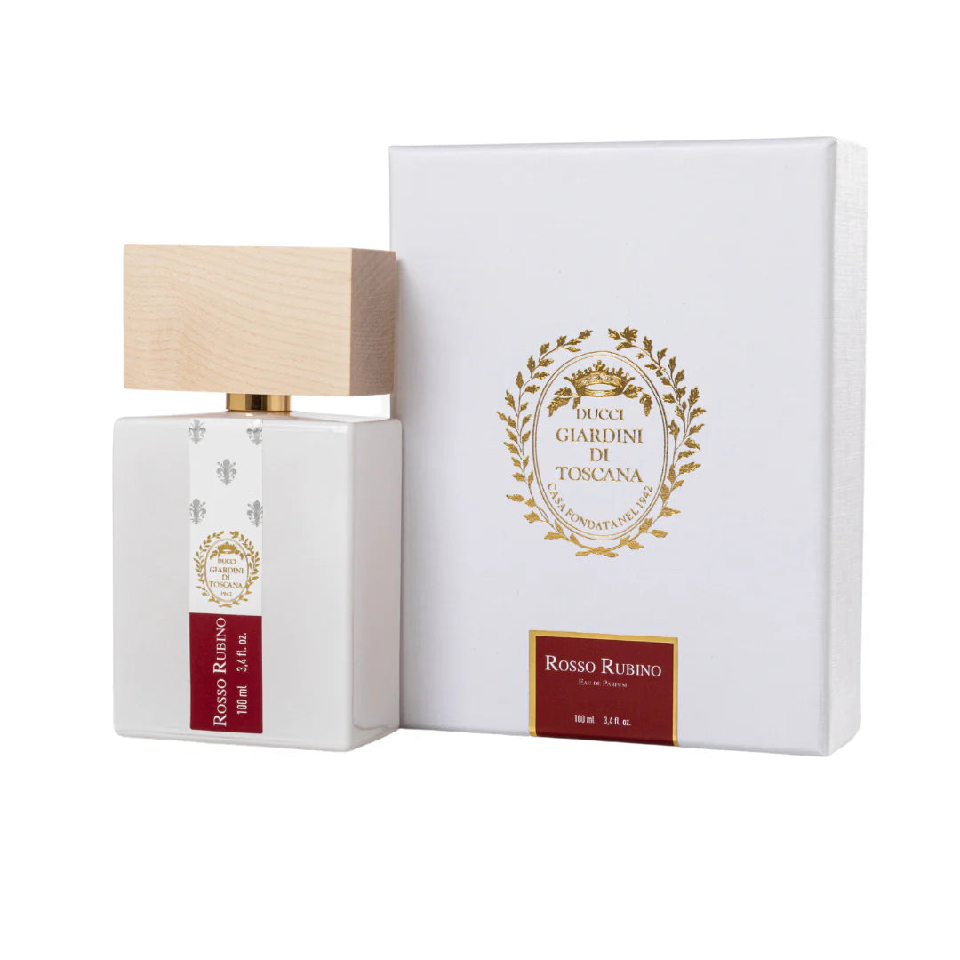 Giardini Di Toscana Rosso Rubino EDP perfume bottle with wooden cap and elegant label