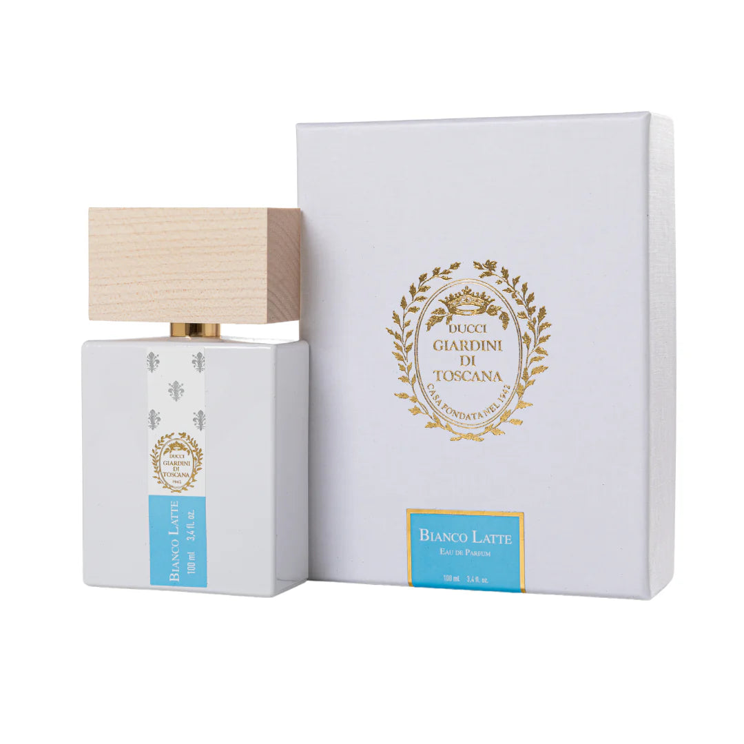 Giardini Di Toscana Bianco Latte EDP perfume bottle with white rectangular design and wooden cap