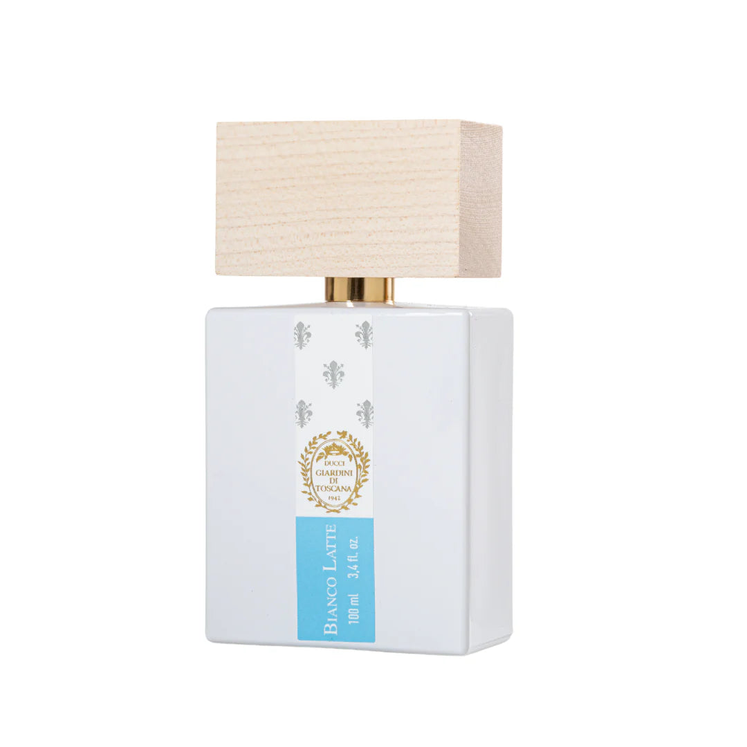 Giardini Di Toscana Bianco Latte EDP perfume bottle with white rectangular design and wooden cap