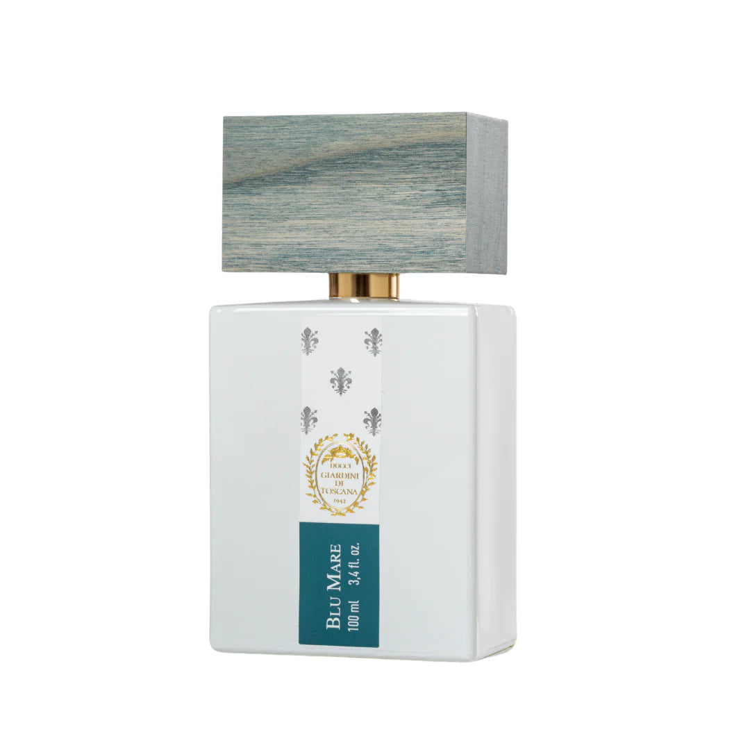 Giardini Di Toscana Blu Mare perfume in white rectangular bottle with wooden cap and elegant label
