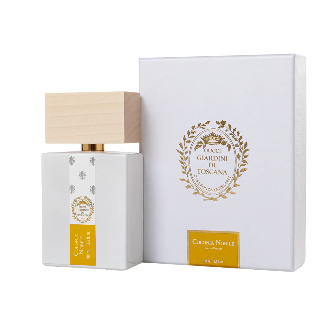 Giardini Di Toscana Colonia Nobile perfume bottle with wooden cap and elegant white packaging