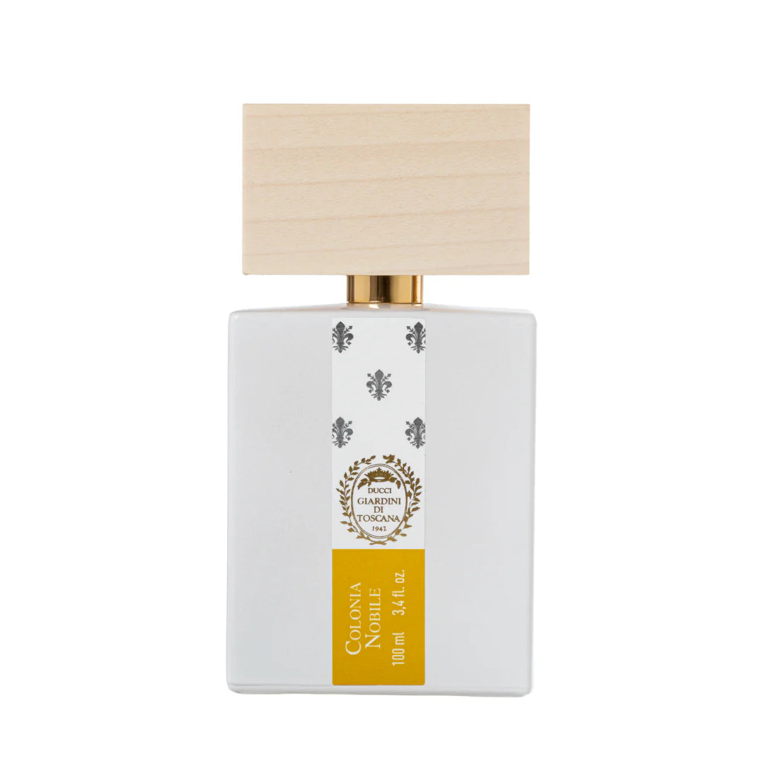 Giardini Di Toscana Colonia Nobile perfume bottle with wooden cap and elegant white packaging