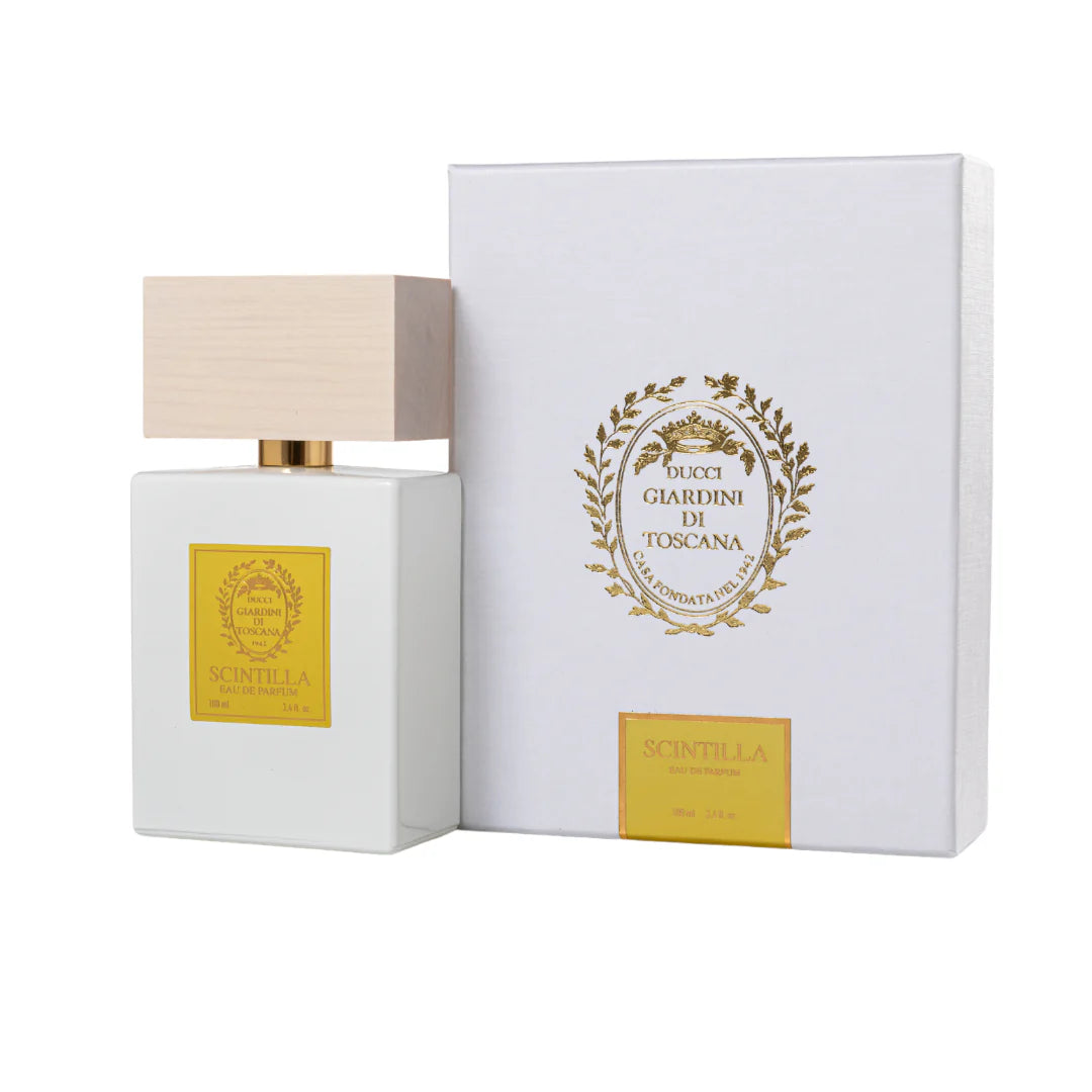 Giardini Di Toscana Scintilla EDP white bottle with wooden cap and gold label perfume