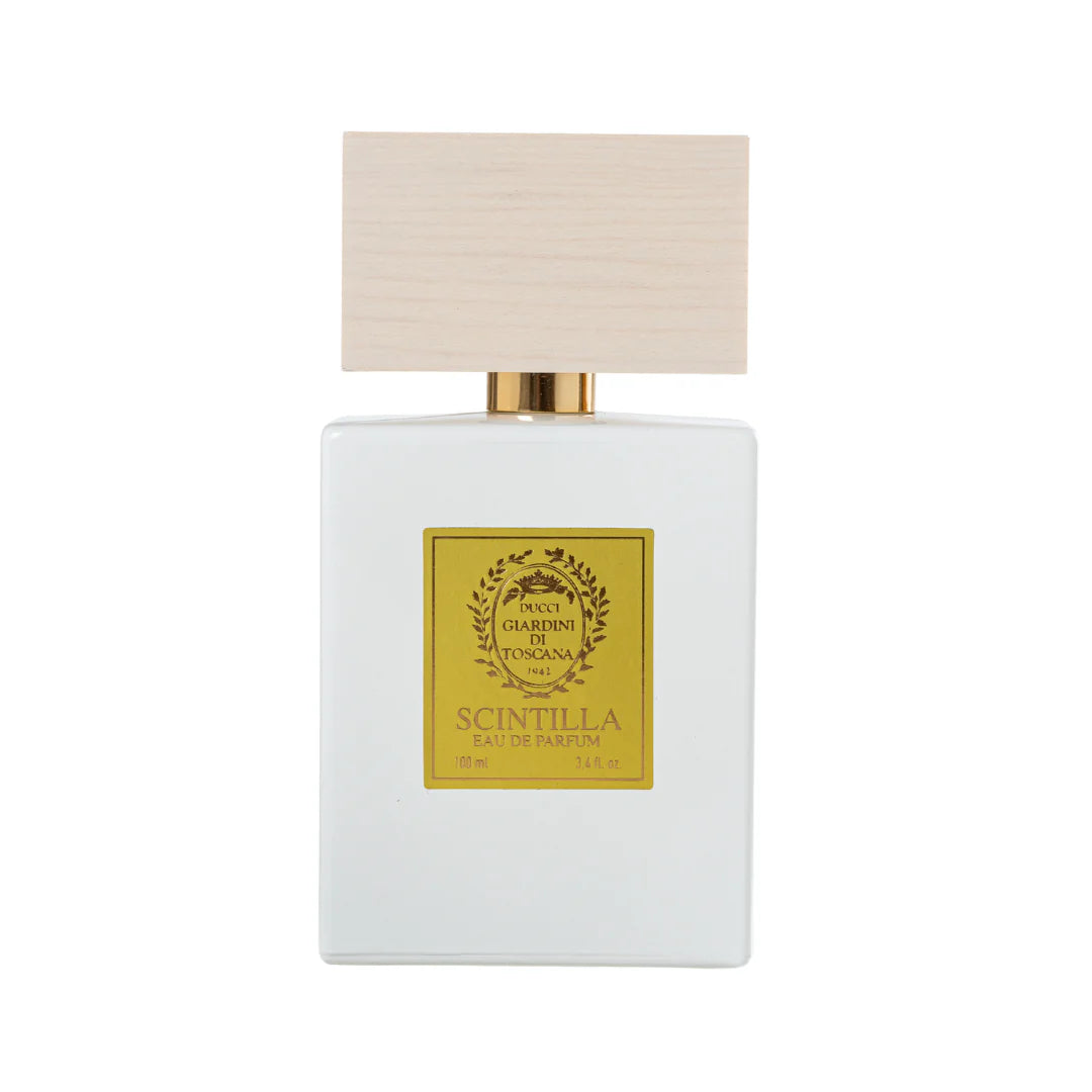 Giardini Di Toscana Scintilla EDP white bottle with wooden cap and gold label perfume