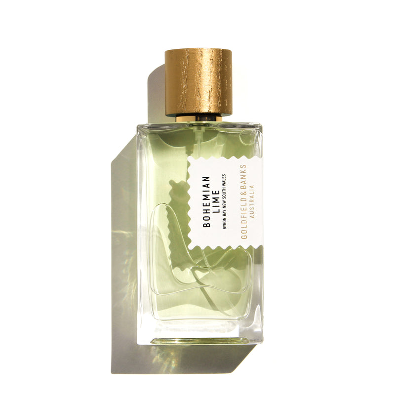 Goldfield & Banks Bohemian Lime perfume in a clear glass bottle with gold cap and light green fragrance