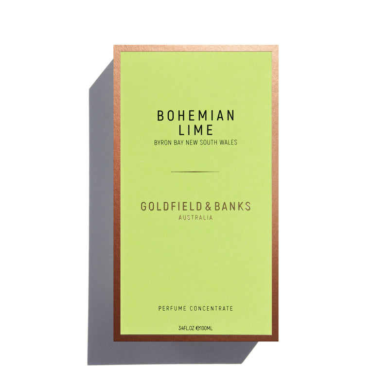 Goldfield & Banks Bohemian Lime perfume concentrate in green and gold packaging from Australia