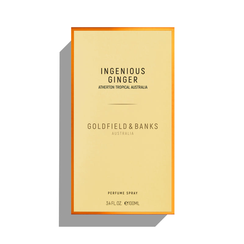 Goldfield & Banks Ingenious Ginger niche perfume bottle with wooden cap and light amber liquid