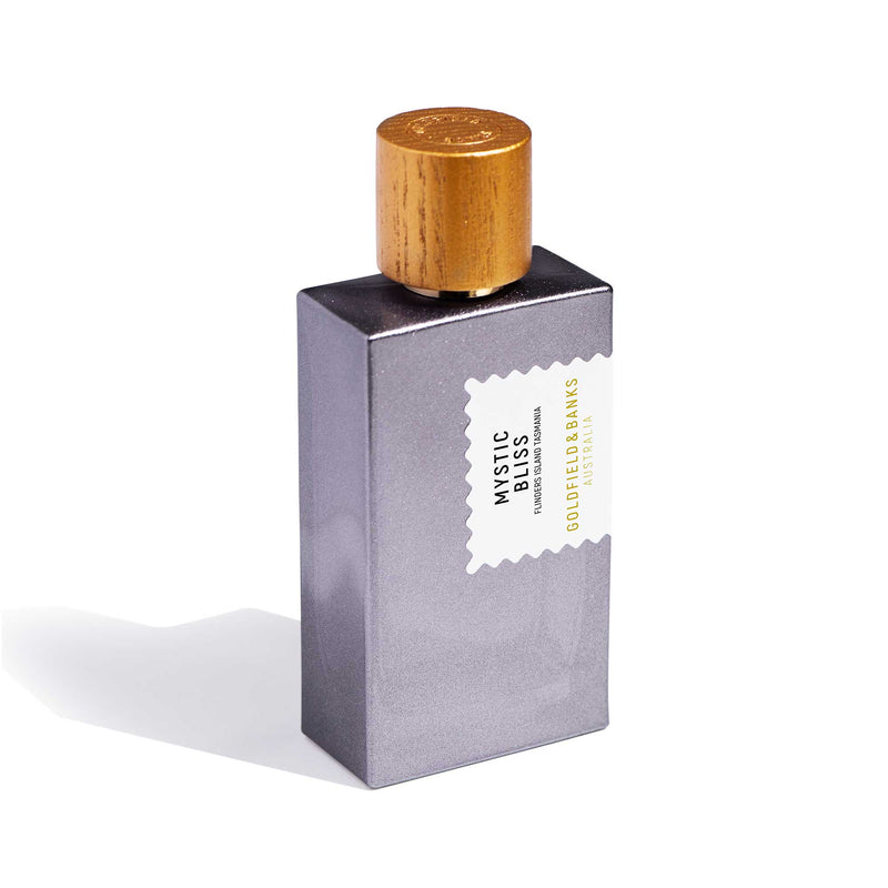 Goldfield & Banks Mystic Bliss perfume 100ml bottle with silver metallic finish and wooden cap