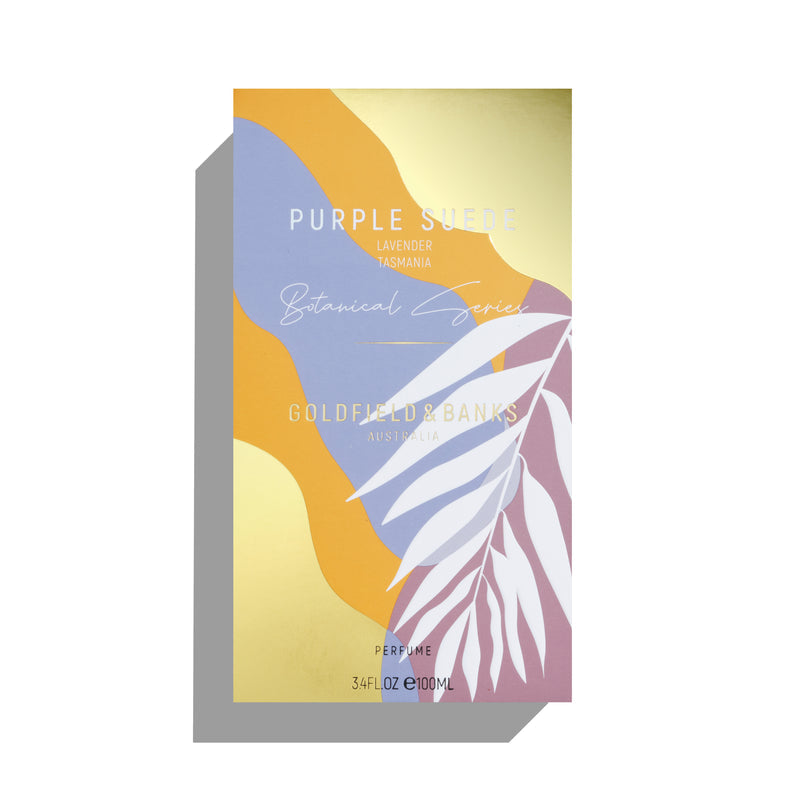 Goldfield and Banks Purple Suede perfume 100ml box with abstract colorful design