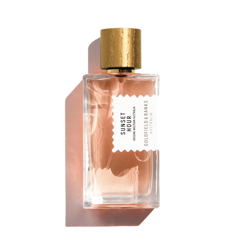 Goldfield & Banks Sunset Hour perfume 100ml in a clear rectangular bottle with a gold cap