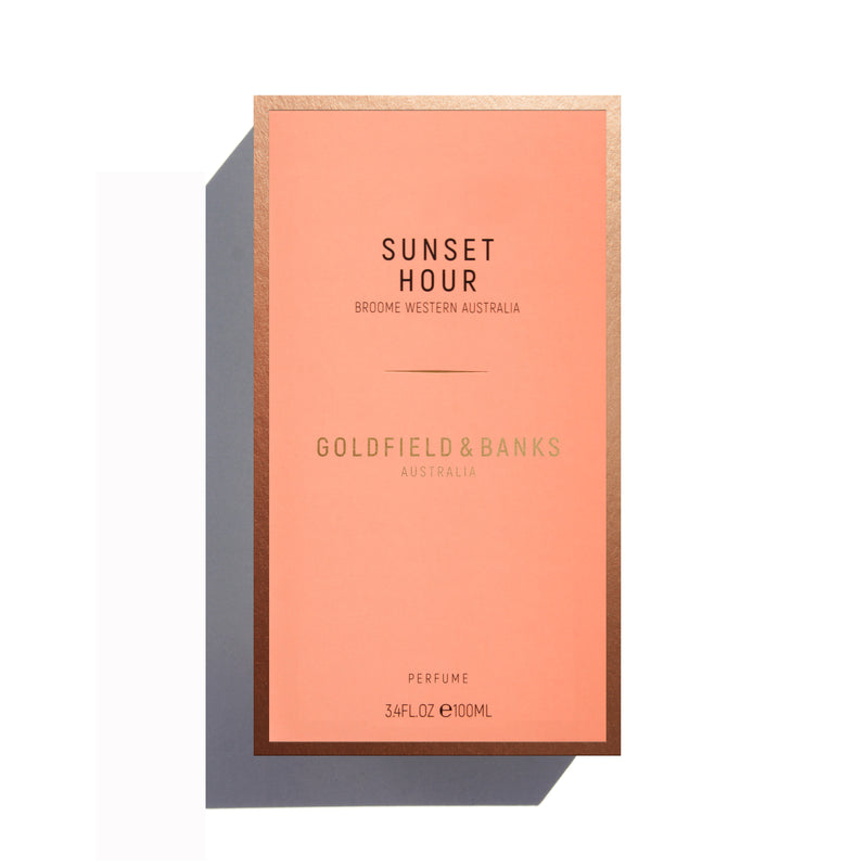 Goldfield & Banks Sunset Hour perfume 100ml in a clear rectangular bottle with a gold cap