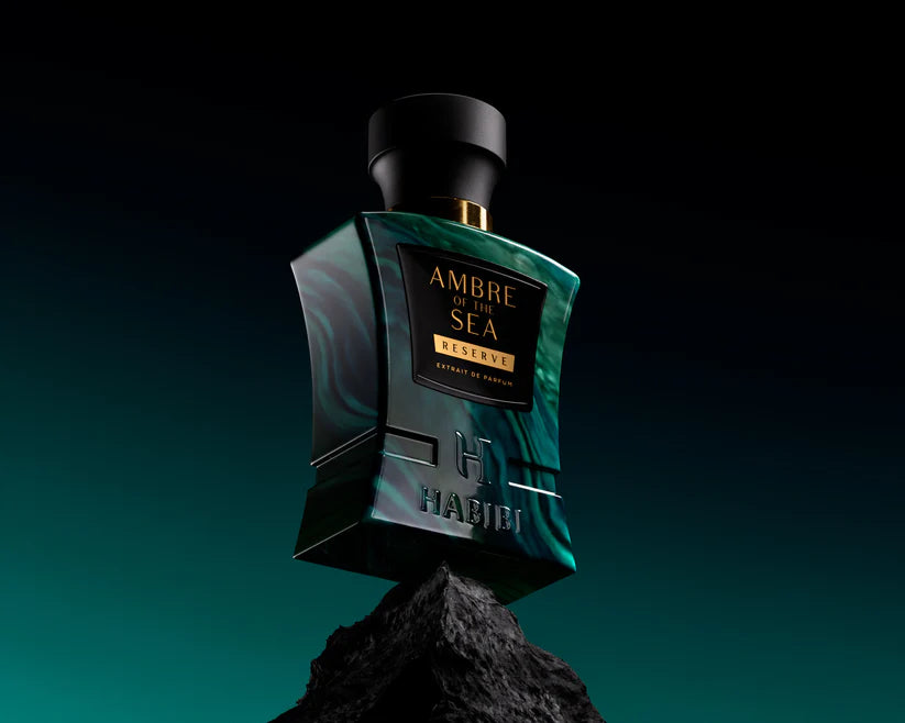 HABIBI NEW YORK Ambre Of The Sea fragrance bottle with dark green marble design and black cap