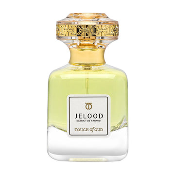 Touch Of Oud Jelood perfume in a clear bottle with gold decorative cap and light yellow fragrance