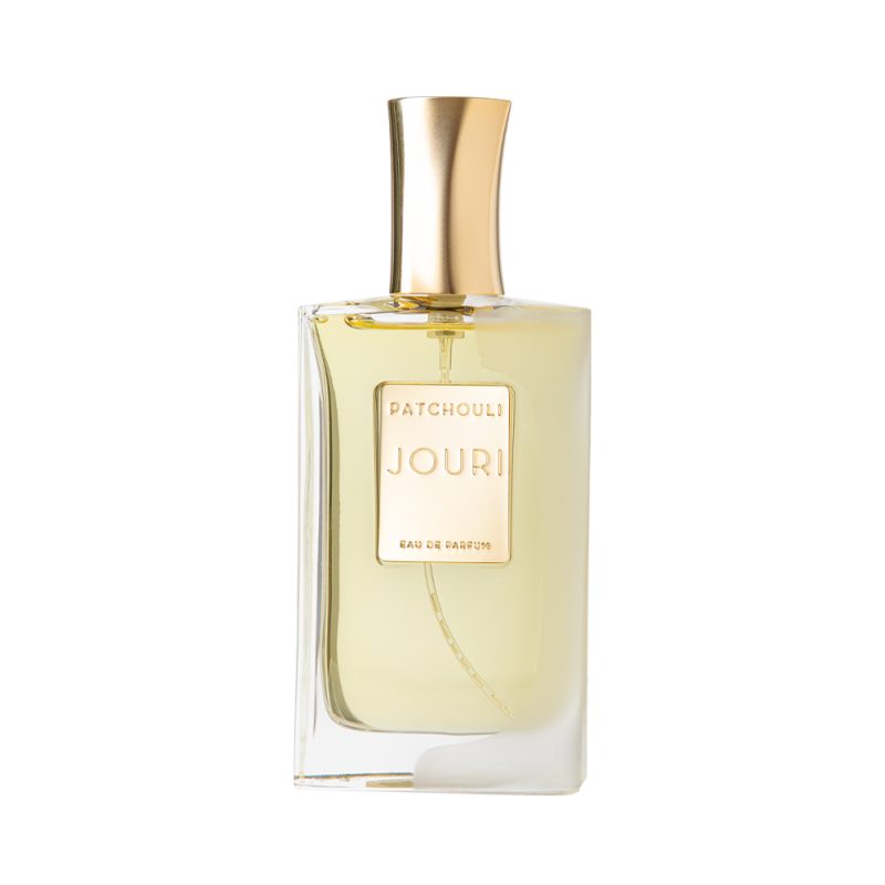 Jouri Patchouli eau de parfum in a clear glass bottle with gold cap and label