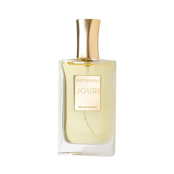 Jouri Patchouli eau de parfum in a clear glass bottle with gold cap and label