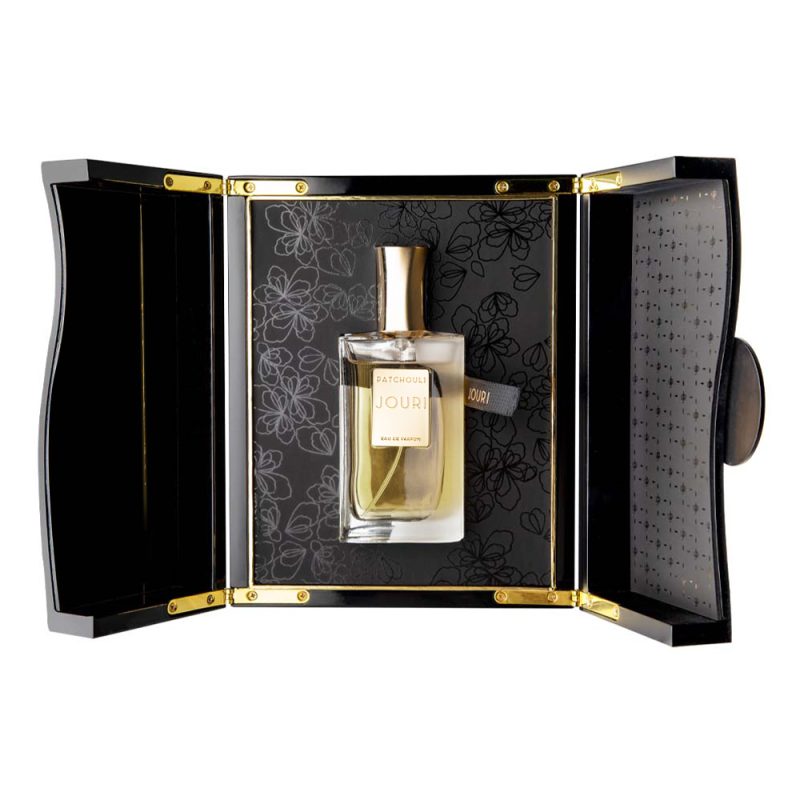 Jouri Patchouli eau de parfum in a clear glass bottle with gold cap and label