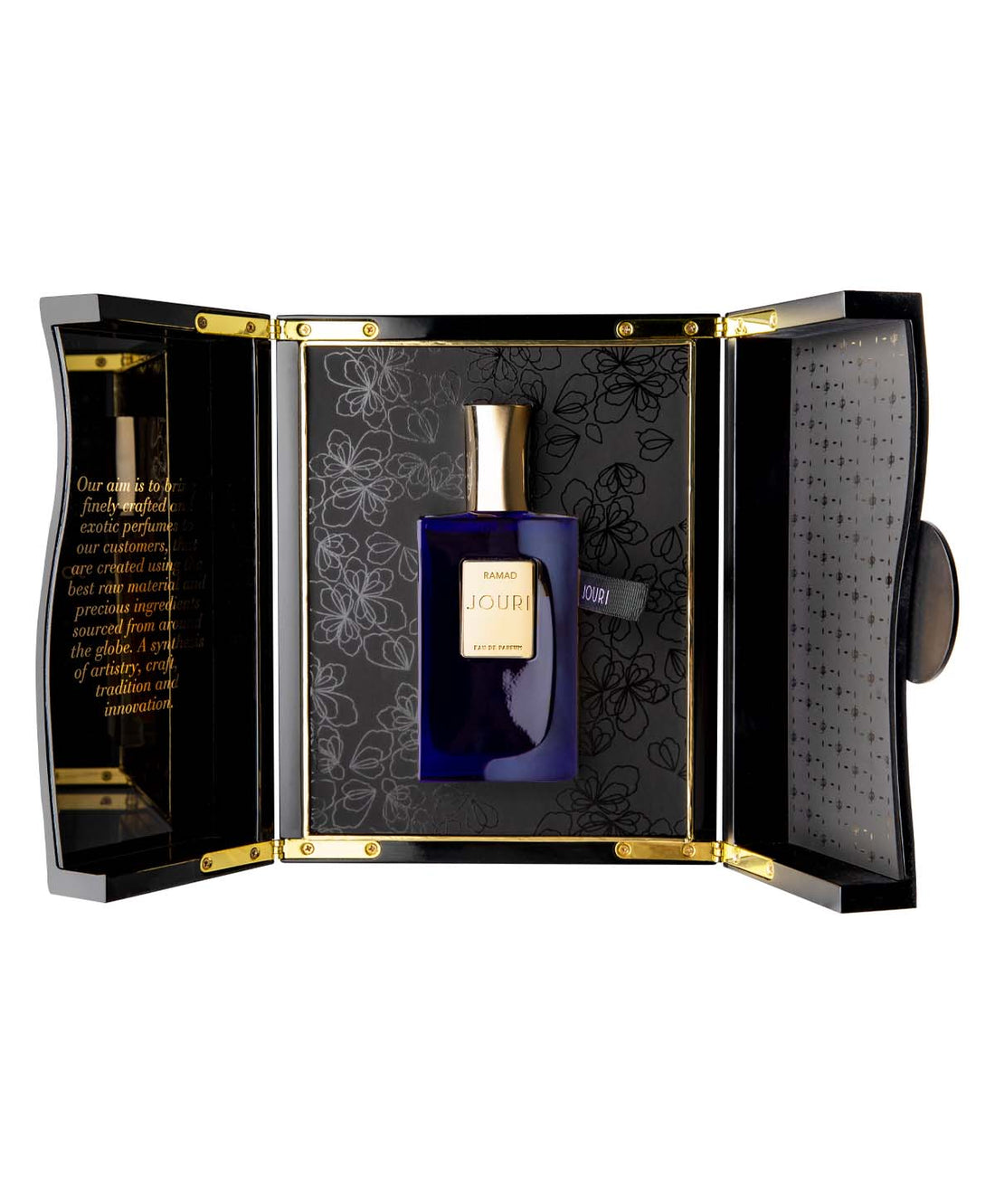Jouri Ramad perfume 50ml in a dark blue bottle with gold cap and label