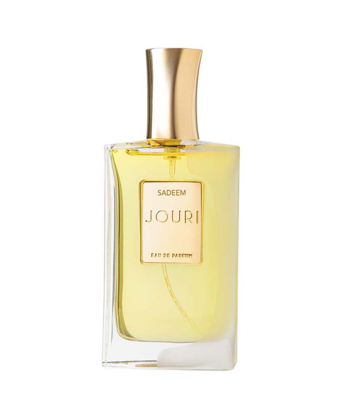 Jouri Sadeem perfume 50ml bottle with golden cap and clear glass container