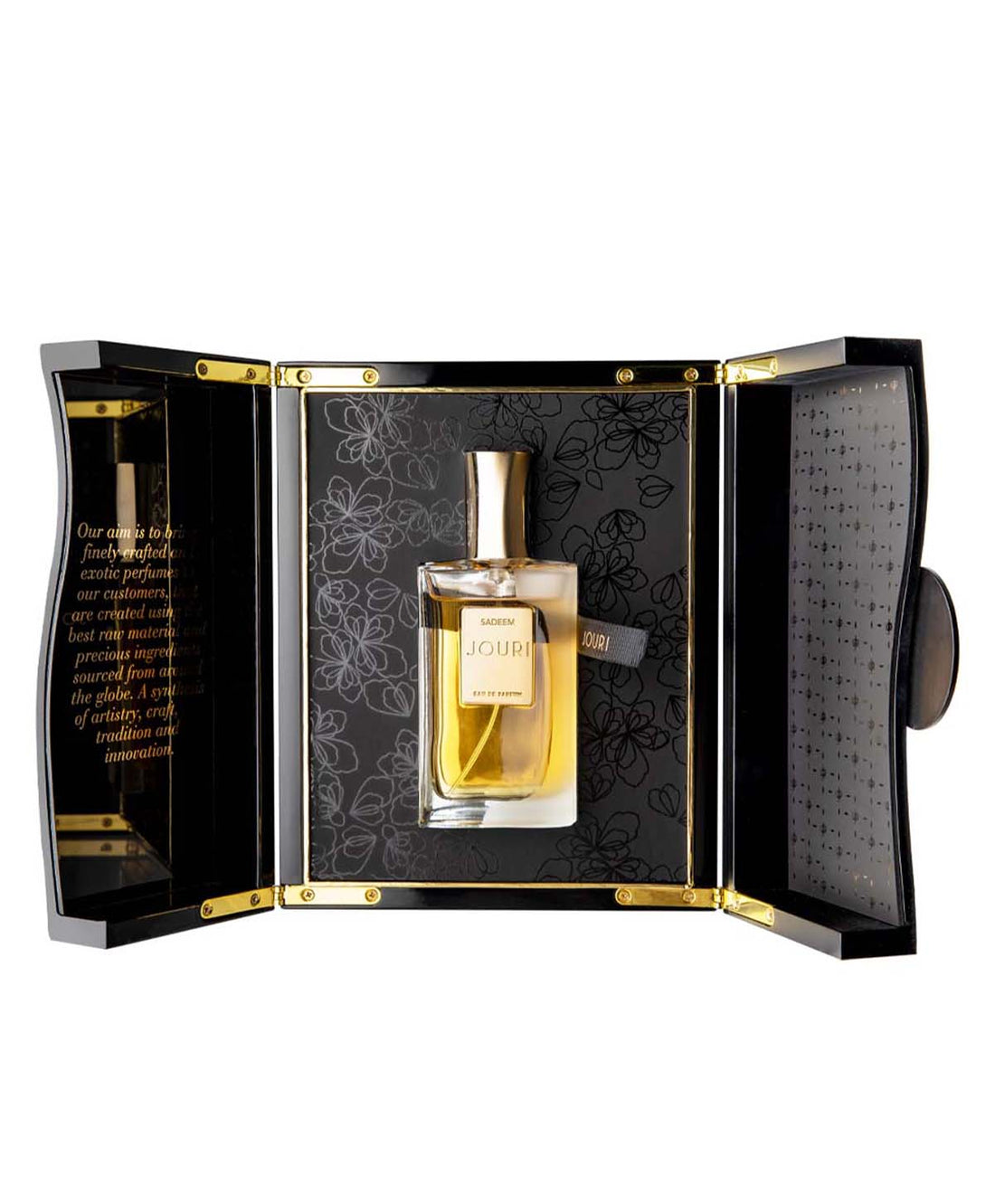 Jouri Sadeem perfume 50ml bottle with golden cap and clear glass container