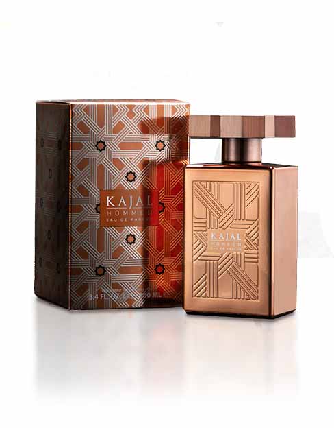 Kajal Homme II Eau de Parfum bottle by Kajal Perfumes in a stylish bronze geometric design