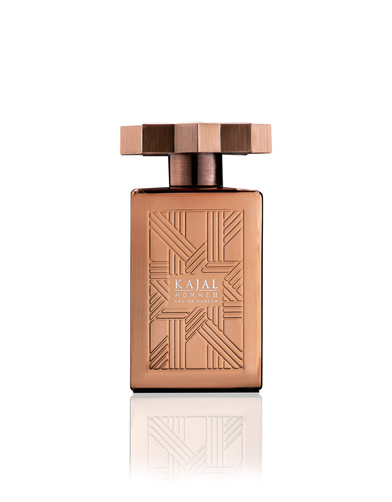 Kajal Homme II Eau de Parfum bottle by Kajal Perfumes in a stylish bronze geometric design