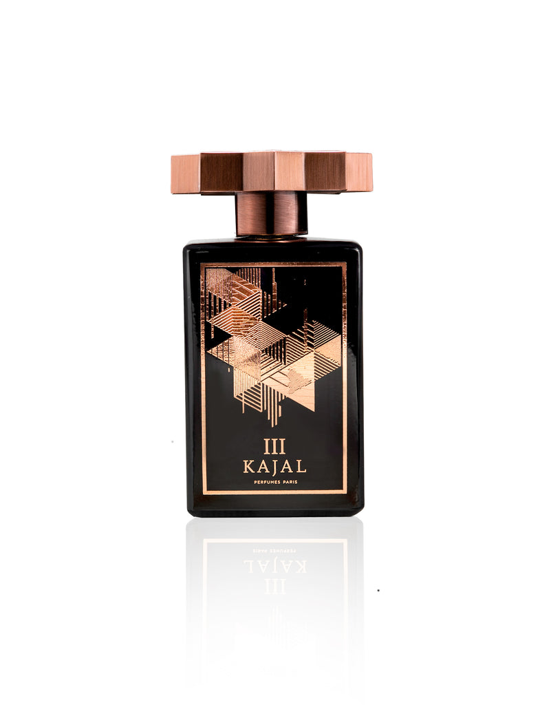 Kajal III Eau de Parfum 100ml black and rose gold geometric design bottle by Kajal Perfumes