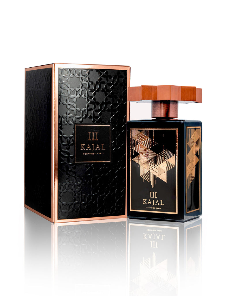 Kajal III Eau de Parfum 100ml black and rose gold geometric design bottle by Kajal Perfumes