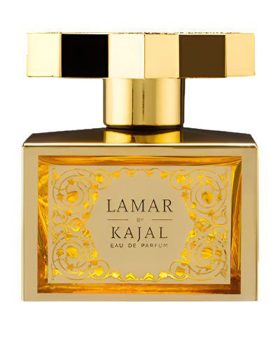 Lamar by Kajal perfume in a luxurious gold rectangular bottle with intricate decorative details