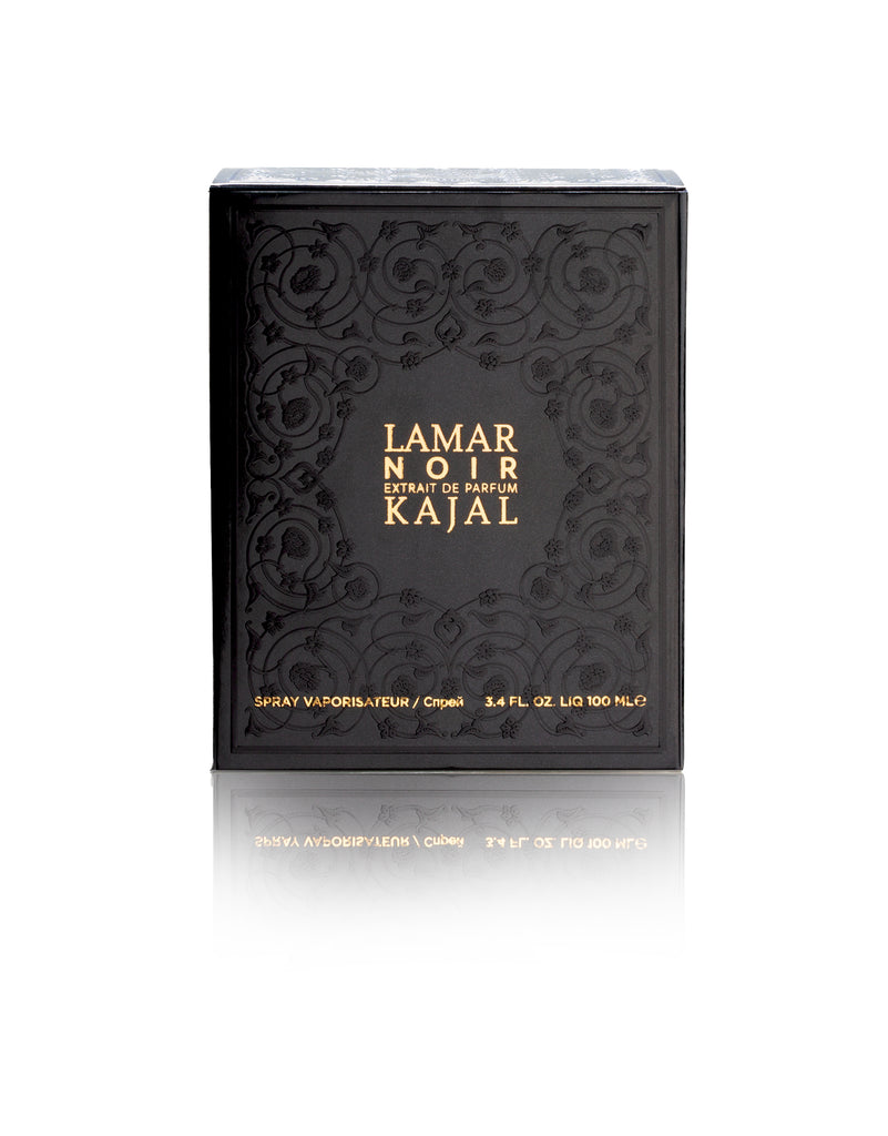 Lamar Noir Kajal perfume black box packaging with elegant embossed floral design