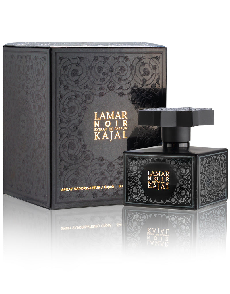 Lamar Noir Kajal perfume black elegant bottle with ornate design and matching box by Kajal Perfumes
