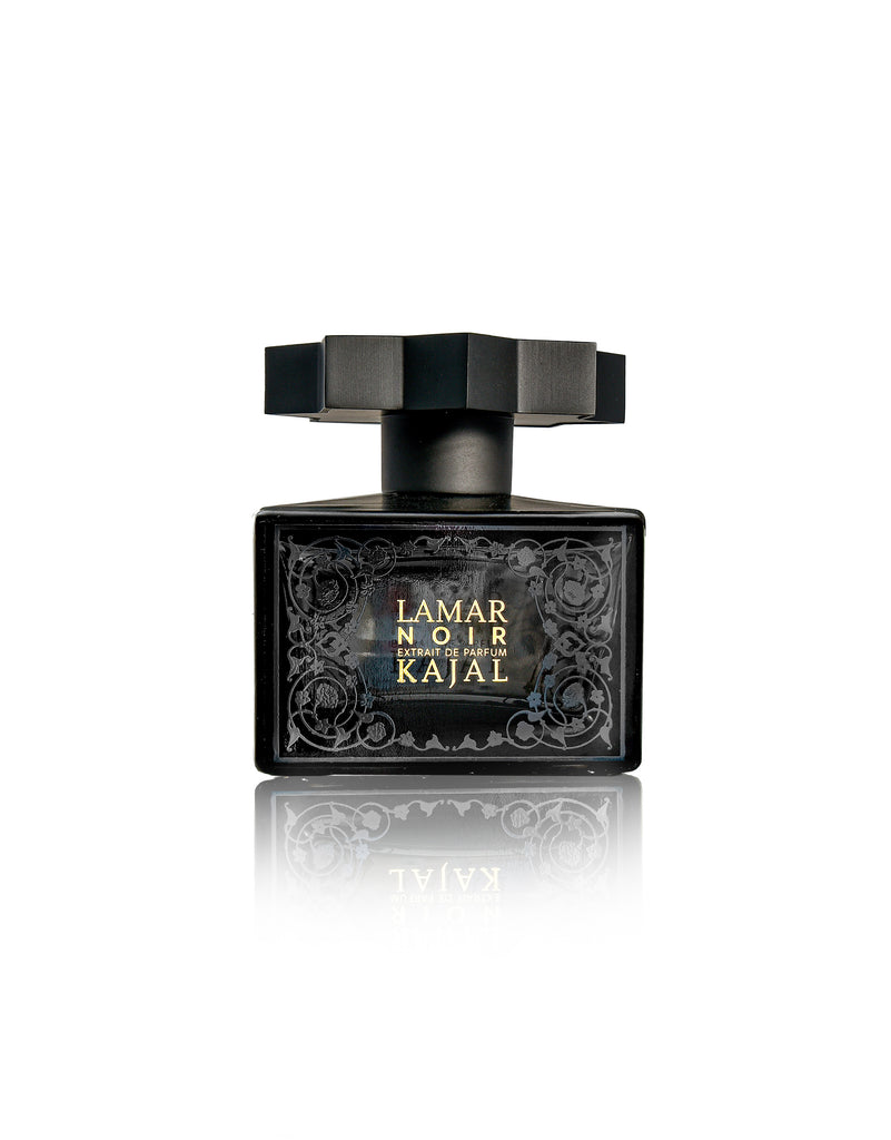 Lamar Noir Kajal perfume black bottle with ornate design and unique black cap
