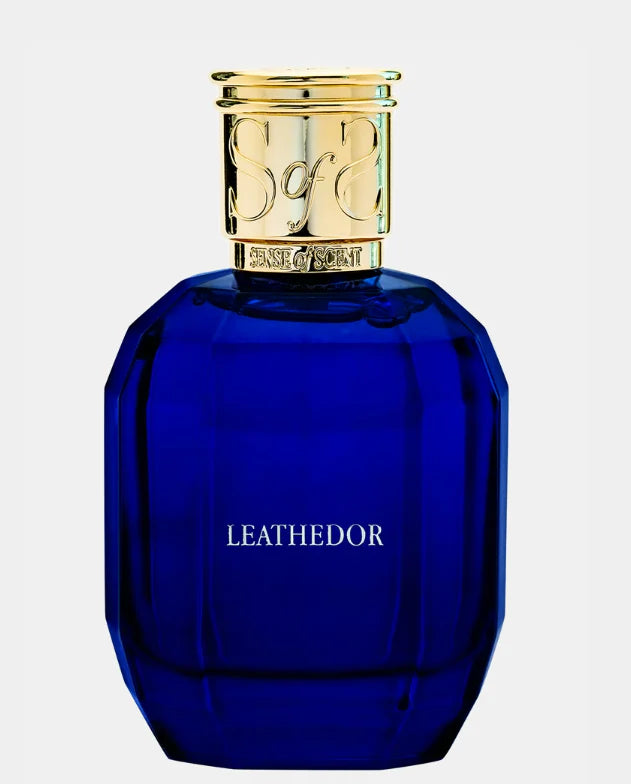 LEATHERDOR perfume Dubai by Sense of Scent blue faceted bottle with gold cap elegant leather fragrance