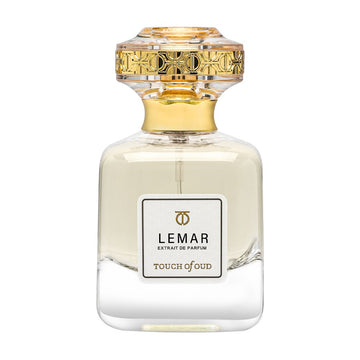 Touch Of Oud Lemar Extrait 80ml perfume bottle with gold decorative cap and clear glass design