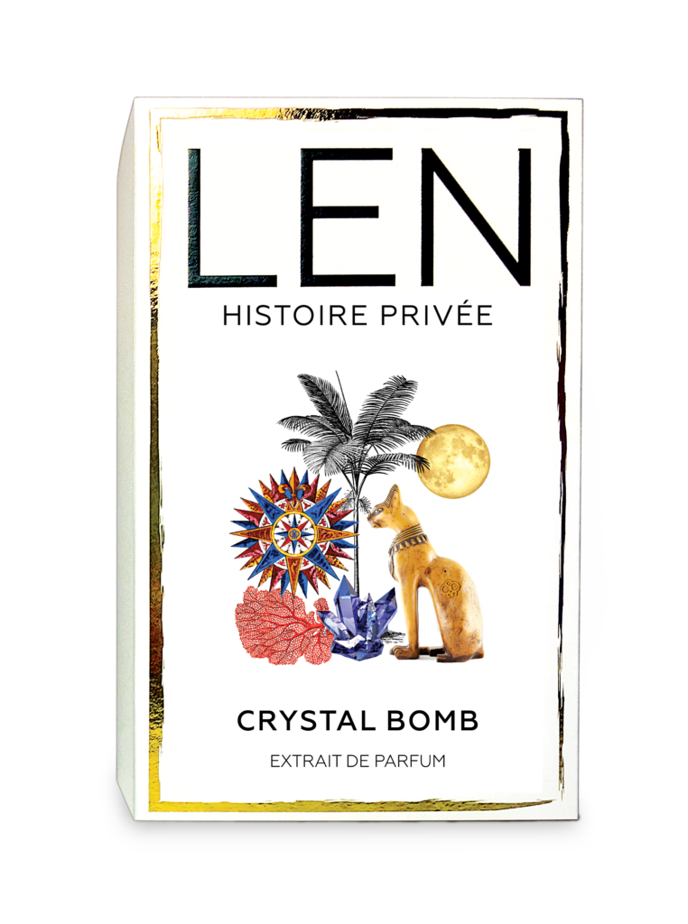 LEN FRAGRANCES Crystal Bomb niche perfume bottle with gold and black elegant design