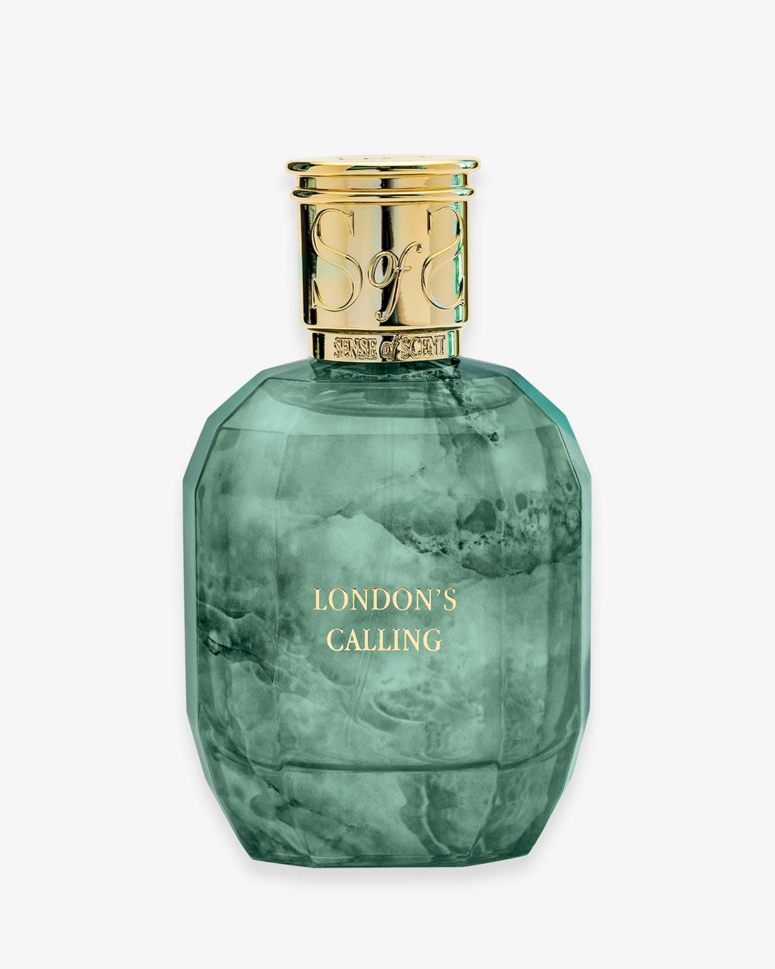 London's Calling niche perfume by Sense of Scent in a green marbled glass bottle with gold cap
