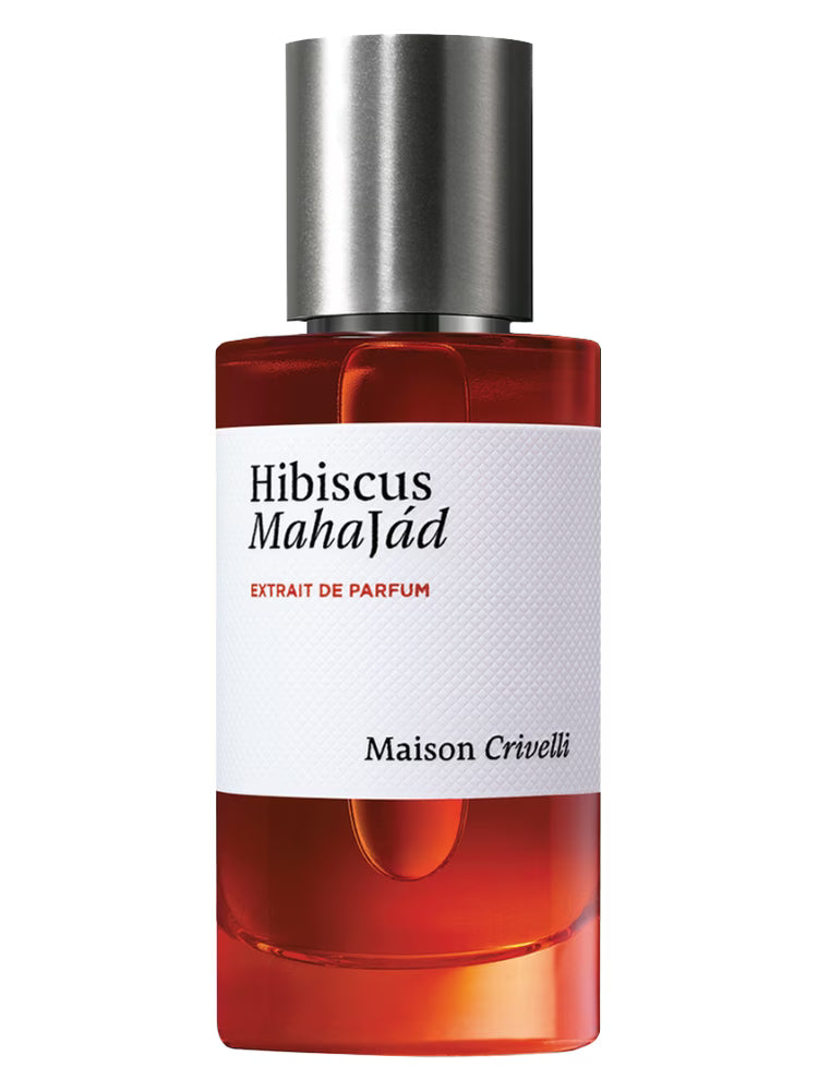 Maison Crivelli Hibiscus Mahajád Extrait de Parfum in a sleek glass bottle with a rich orange hue